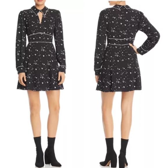 Parker Kaylin Heart-Print Crepe Long Sleeve Collared Mini Dress Women’s Size 8 - Picture 1 of 13